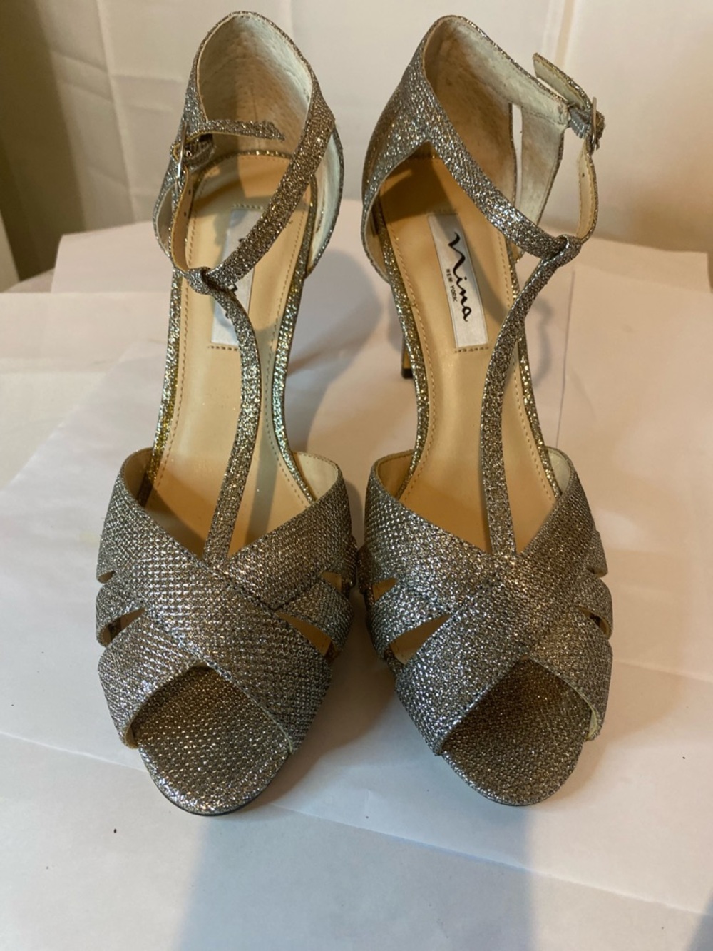 Nina Glitter T-Strap Peep-Toe Heels in Silver